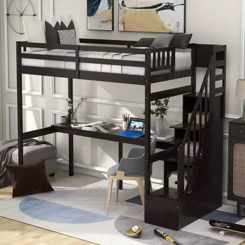 Okak Twin Multifunction Bunk Bed with Built-in Desk Loft Bed with Storage Staircase Safety Guardrail Solid Wood for Kids Teens, Easy Assemble