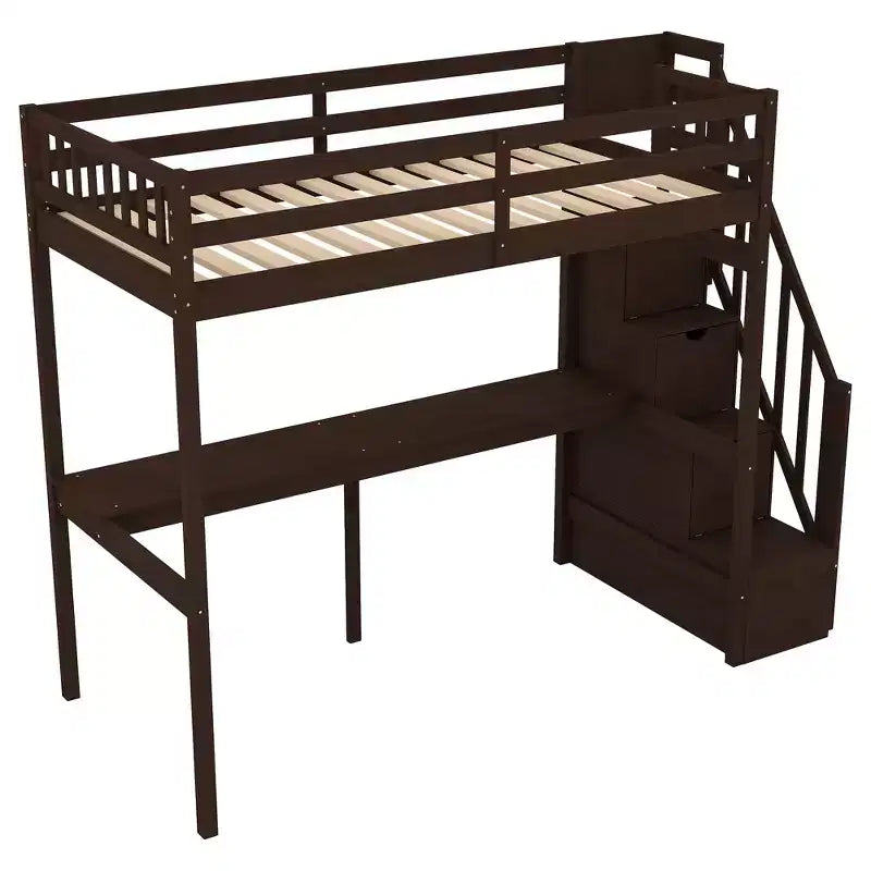 Okak Twin Multifunction Bunk Bed with Built-in Desk Loft Bed with Storage Staircase Safety Guardrail Solid Wood for Kids Teens, Easy Assemble