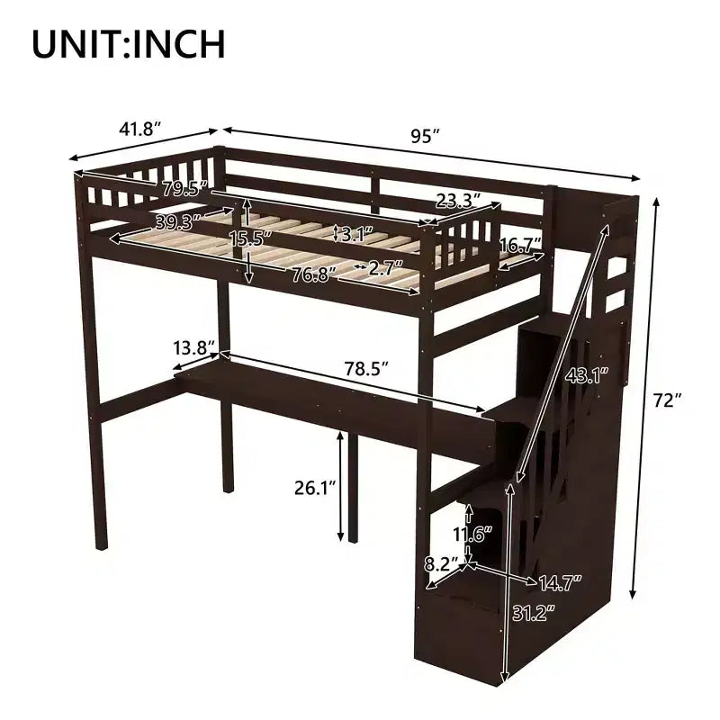Okak Twin Multifunction Bunk Bed with Built-in Desk Loft Bed with Storage Staircase Safety Guardrail Solid Wood for Kids Teens, Easy Assemble