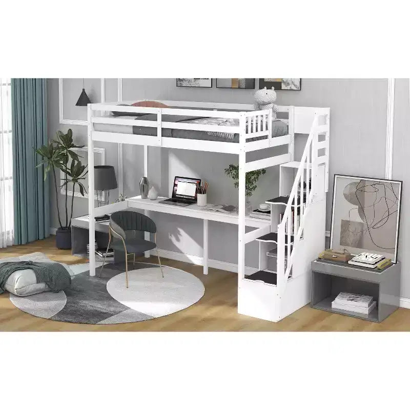 Okak Twin Multifunction Bunk Bed with Built-in Desk Loft Bed with Storage Staircase Safety Guardrail Solid Wood for Kids Teens, Easy Assemble