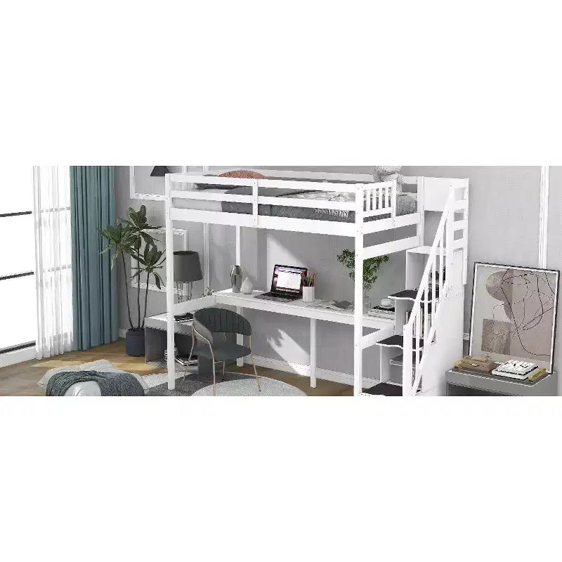 Okak Twin Multifunction Bunk Bed with Built-in Desk Loft Bed with Storage Staircase Safety Guardrail Solid Wood for Kids Teens, Easy Assemble
