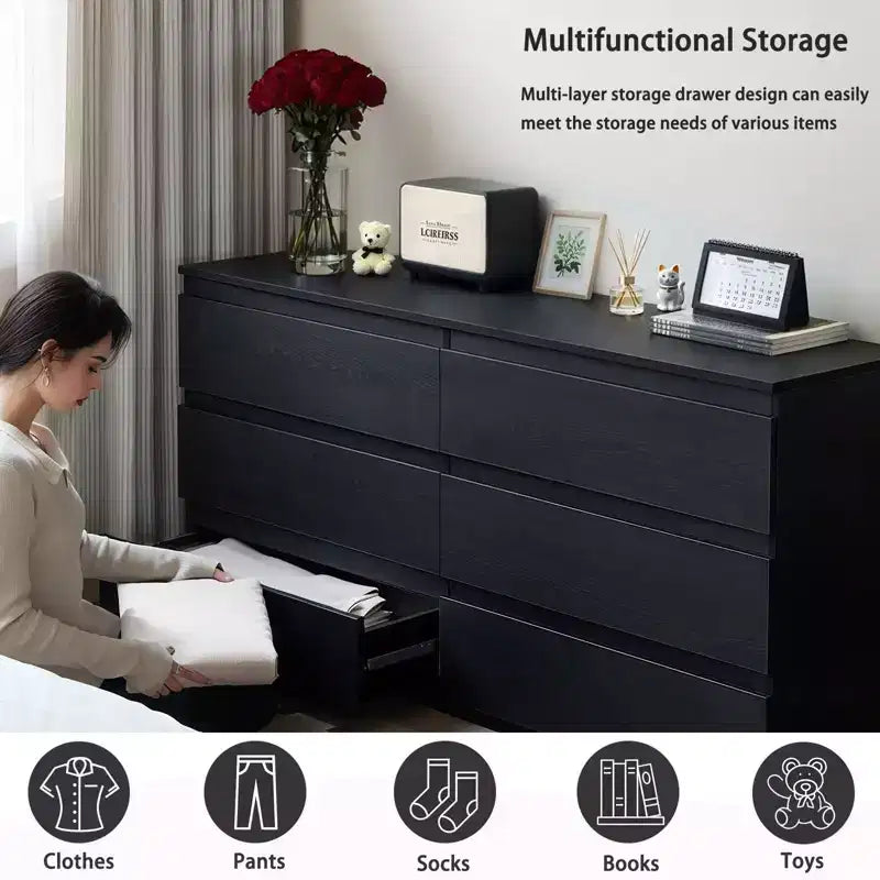 Okak 6 Deep Drawer Dresser for Bedroom,Modern Closet Dressers Wood Spacious Dresser Storage Cabinet Large Nightstand for Living Room Entryway