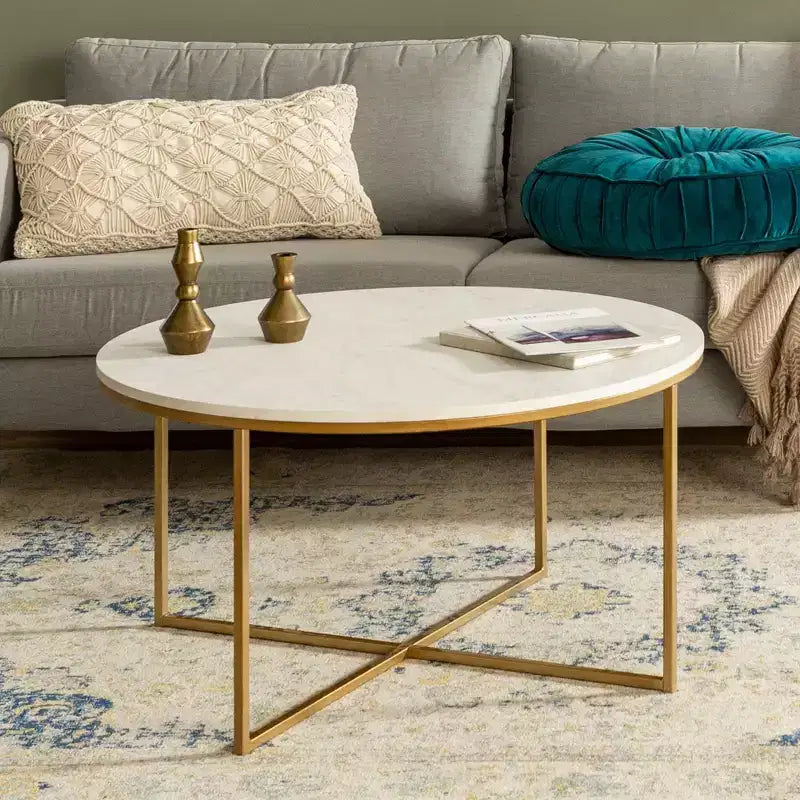Okak Round/Rectangle Coffee Table with X-shaped Metal Base and Faux Marble Top Mid-Century Modern for Living Room