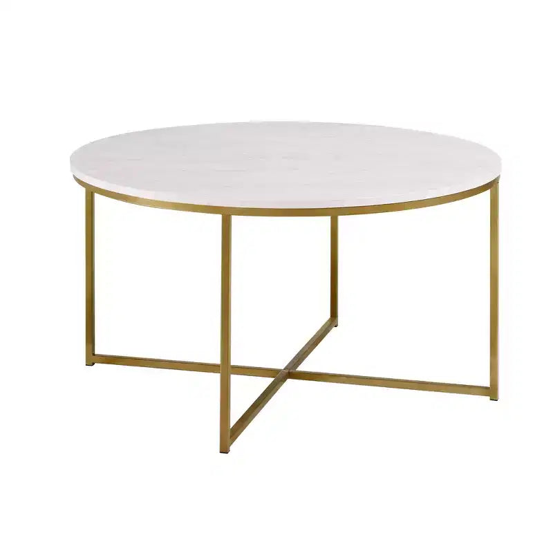 Okak Round/Rectangle Coffee Table with X-shaped Metal Base and Faux Marble Top Mid-Century Modern for Living Room