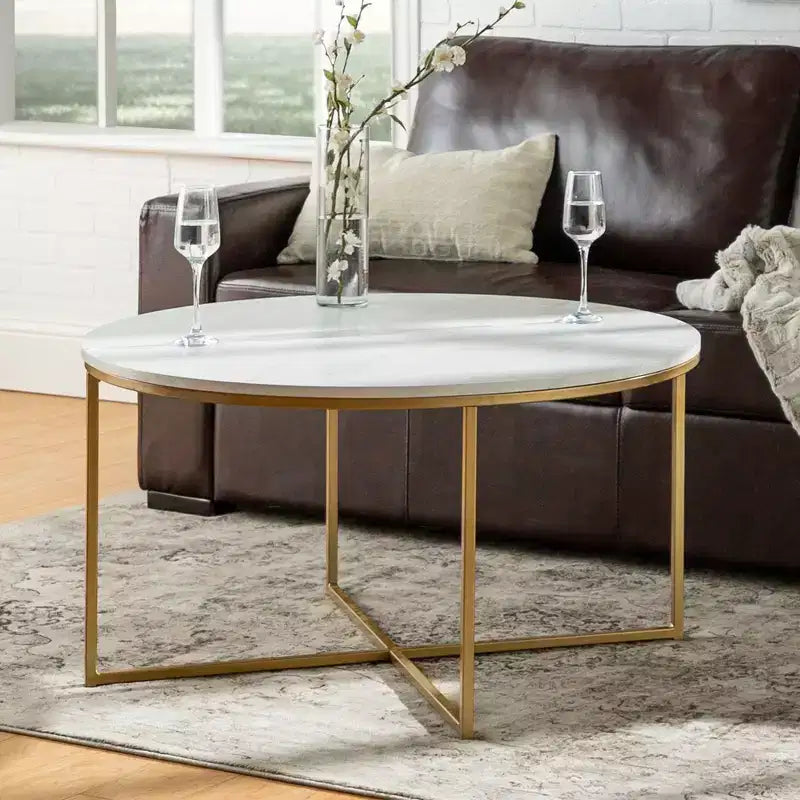 Okak Round/Rectangle Coffee Table with X-shaped Metal Base and Faux Marble Top Mid-Century Modern for Living Room