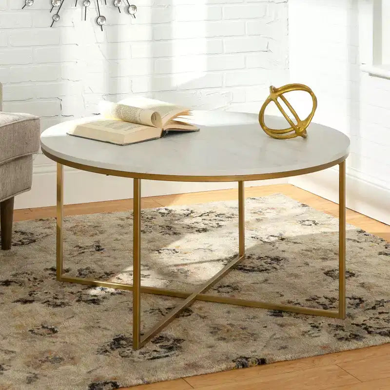 Okak Round/Rectangle Coffee Table with X-shaped Metal Base and Faux Marble Top Mid-Century Modern for Living Room