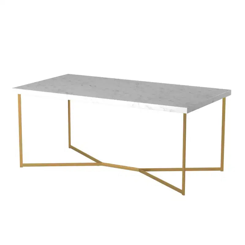 Okak Round/Rectangle Coffee Table with X-shaped Metal Base and Faux Marble Top Mid-Century Modern for Living Room