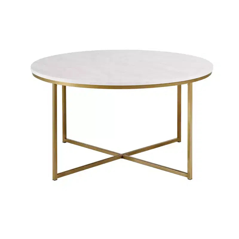 Okak Round/Rectangle Coffee Table with X-shaped Metal Base and Faux Marble Top Mid-Century Modern for Living Room