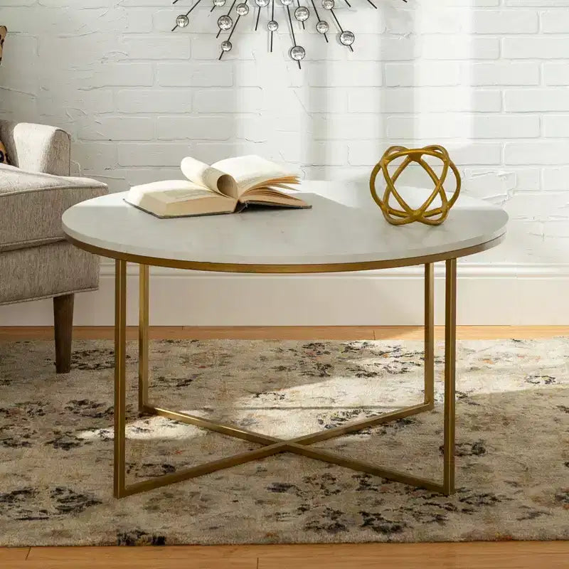 Okak Round/Rectangle Coffee Table with X-shaped Metal Base and Faux Marble Top Mid-Century Modern for Living Room