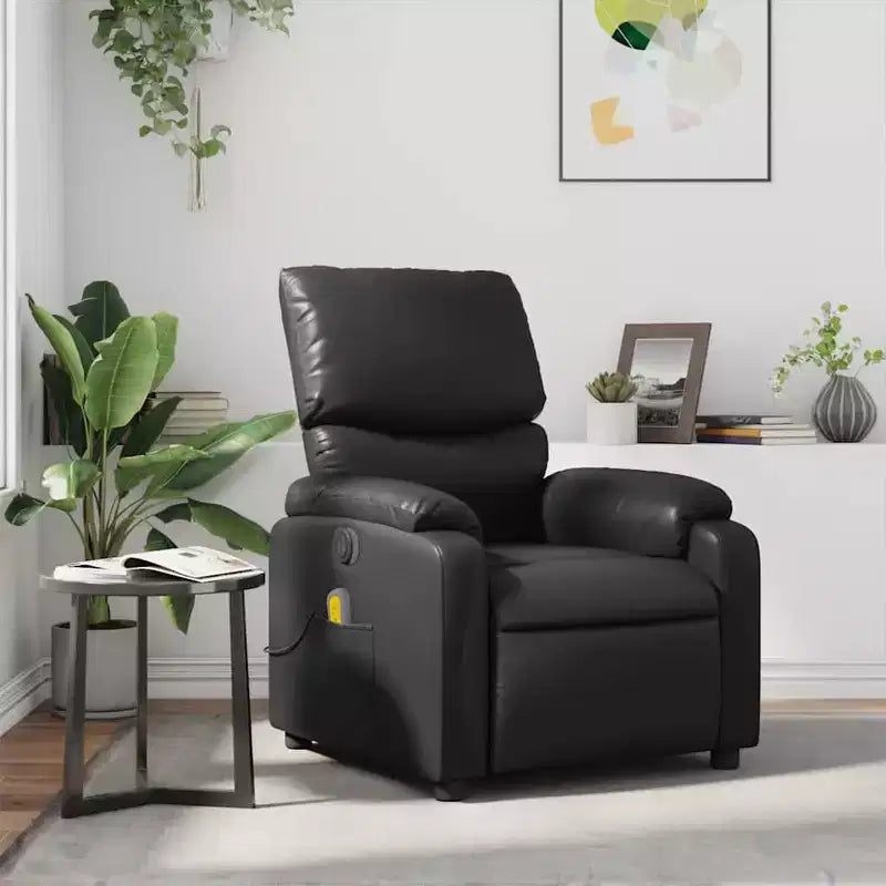 vidaXL Leather Massage Recliner Chair for Living Room, Home Theater, 6-Point Vibration Massage, Adjustable Back & Footrest, Side Pocket, Black