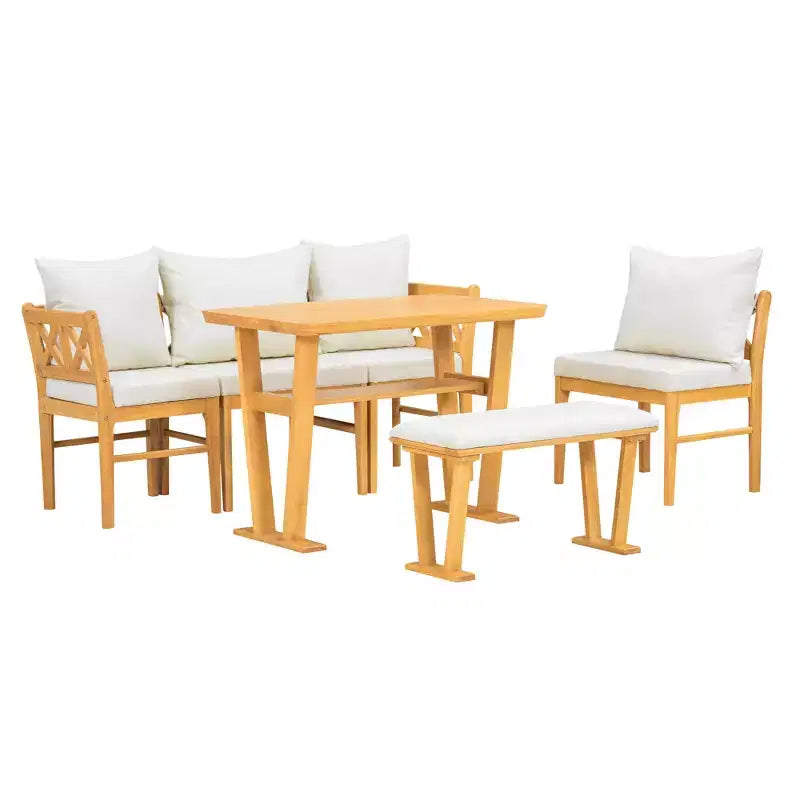 6 Piece Dining Table Set for 6, Farmhouse Dining Set, Space Saving Kitchen Nook Dining Room Breakfast Nook Table Set, Natural+White - ModernLuxe