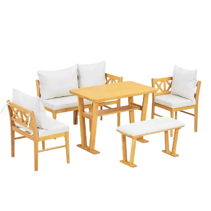 6 Piece Dining Table Set for 6, Farmhouse Dining Set, Space Saving Kitchen Nook Dining Room Breakfast Nook Table Set, Natural+White - ModernLuxe