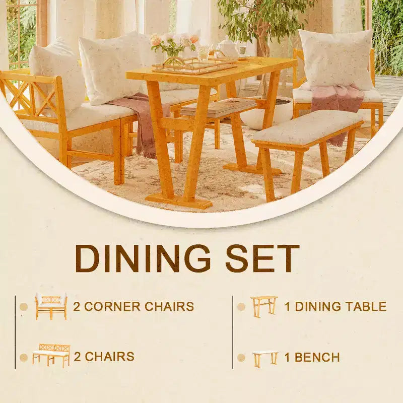 6 Piece Dining Table Set for 6, Farmhouse Dining Set, Space Saving Kitchen Nook Dining Room Breakfast Nook Table Set, Natural+White - ModernLuxe