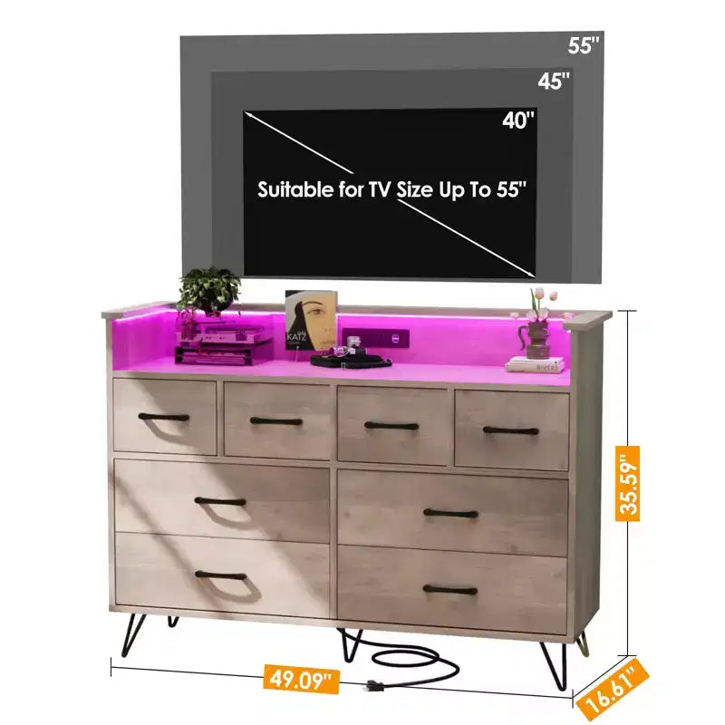8-Drawer Dresser with Charging Station & RGB Lights | Wide Bedroom Dresser Chest with 3 Outlets + 2 USB Ports, App-Controlled LED Lighting for Gaming