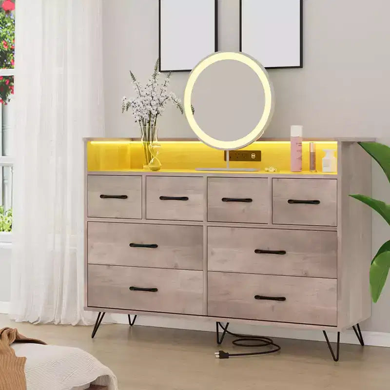 8-Drawer Dresser with Charging Station & RGB Lights | Wide Bedroom Dresser Chest with 3 Outlets + 2 USB Ports, App-Controlled LED Lighting for Gaming
