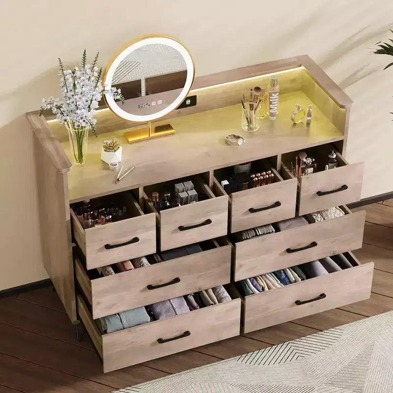 8-Drawer Dresser with Charging Station & RGB Lights | Wide Bedroom Dresser Chest with 3 Outlets + 2 USB Ports, App-Controlled LED Lighting for Gaming