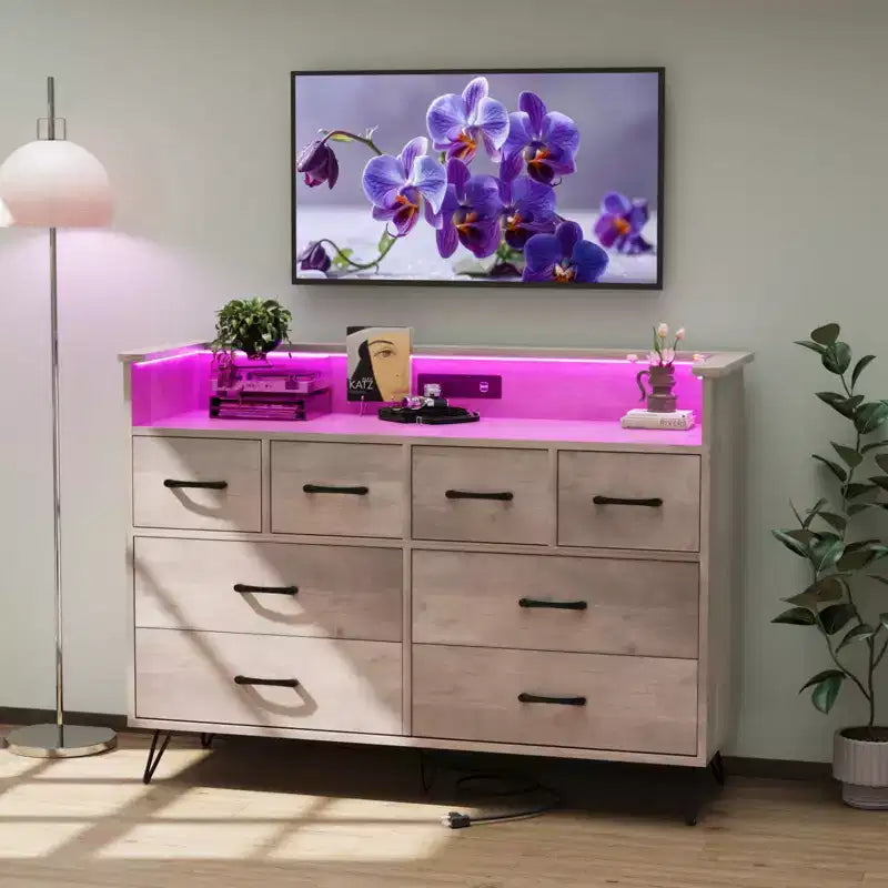 8-Drawer Dresser with Charging Station & RGB Lights | Wide Bedroom Dresser Chest with 3 Outlets + 2 USB Ports, App-Controlled LED Lighting for Gaming
