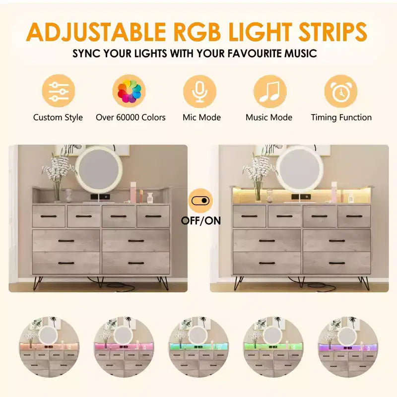 8-Drawer Dresser with Charging Station & RGB Lights | Wide Bedroom Dresser Chest with 3 Outlets + 2 USB Ports, App-Controlled LED Lighting for Gaming