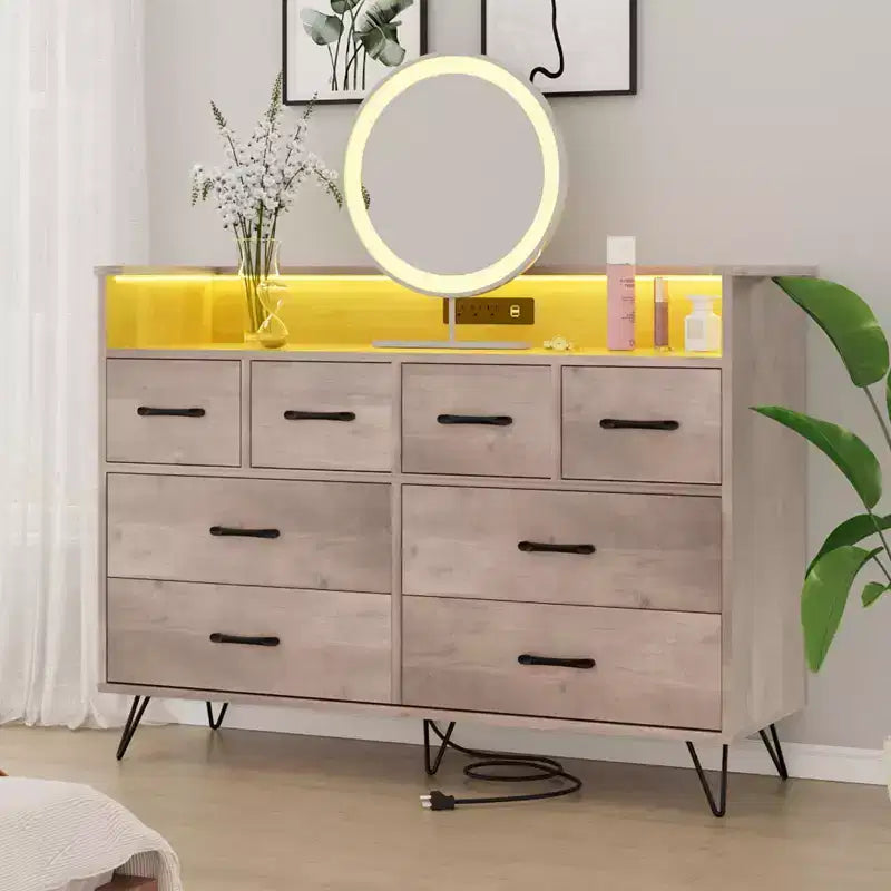 8-Drawer Dresser with Charging Station & RGB Lights | Wide Bedroom Dresser Chest with 3 Outlets + 2 USB Ports, App-Controlled LED Lighting for Gaming