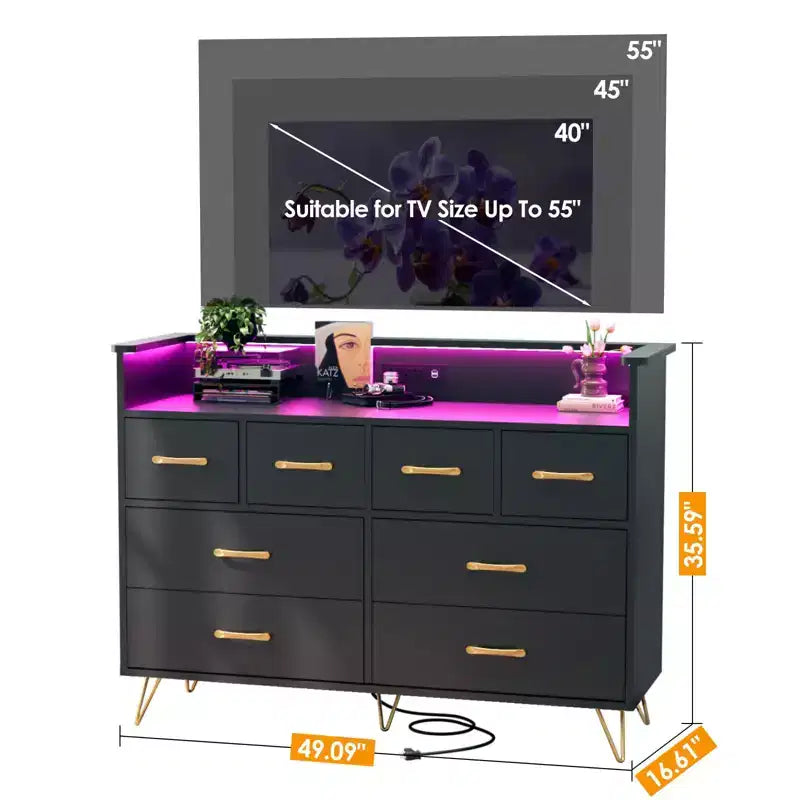 8-Drawer Dresser with Charging Station & RGB Lights | Wide Bedroom Dresser Chest with 3 Outlets + 2 USB Ports, App-Controlled LED Lighting for Gaming