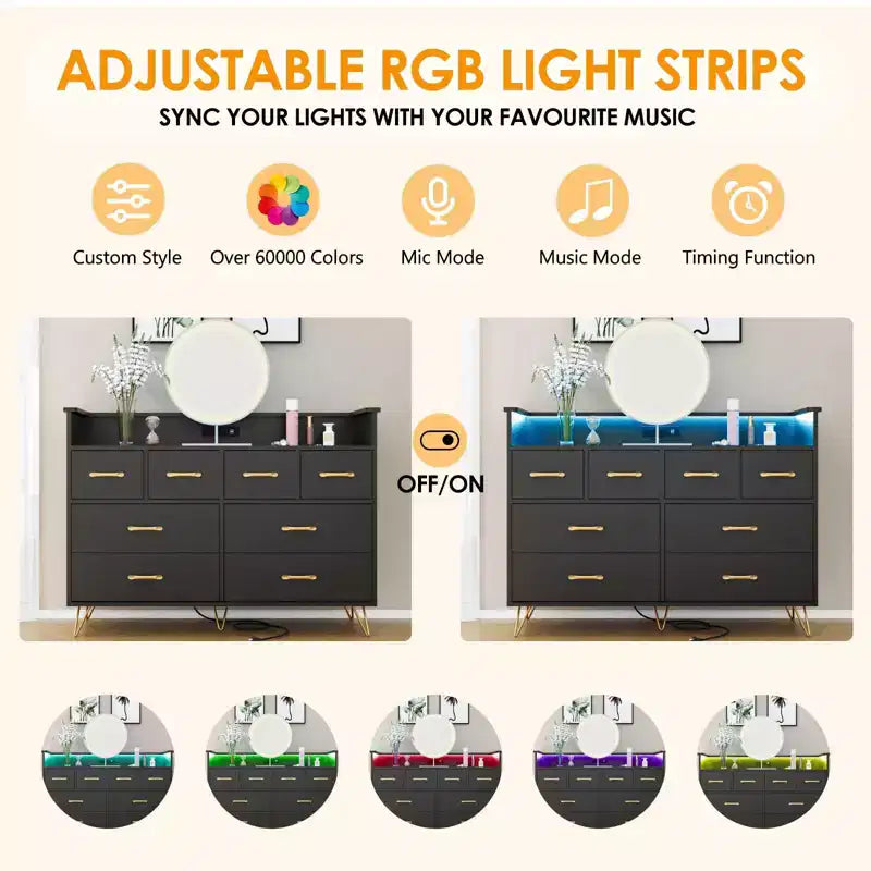 8-Drawer Dresser with Charging Station & RGB Lights | Wide Bedroom Dresser Chest with 3 Outlets + 2 USB Ports, App-Controlled LED Lighting for Gaming