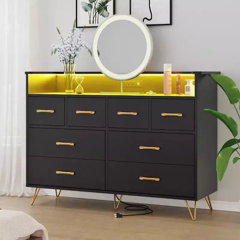 8-Drawer Dresser with Charging Station & RGB Lights | Wide Bedroom Dresser Chest with 3 Outlets + 2 USB Ports, App-Controlled LED Lighting for Gaming
