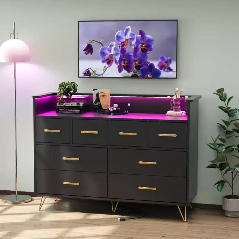 8-Drawer Dresser with Charging Station & RGB Lights | Wide Bedroom Dresser Chest with 3 Outlets + 2 USB Ports, App-Controlled LED Lighting for Gaming