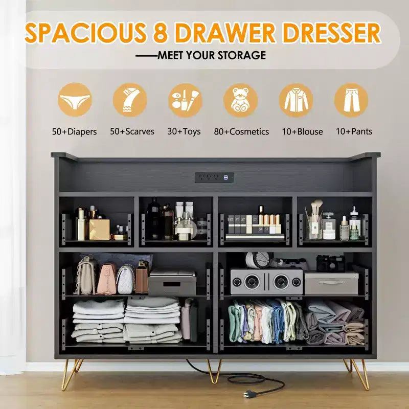 8-Drawer Dresser with Charging Station & RGB Lights | Wide Bedroom Dresser Chest with 3 Outlets + 2 USB Ports, App-Controlled LED Lighting for Gaming