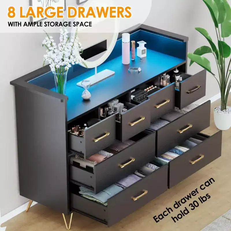 8-Drawer Dresser with Charging Station & RGB Lights | Wide Bedroom Dresser Chest with 3 Outlets + 2 USB Ports, App-Controlled LED Lighting for Gaming