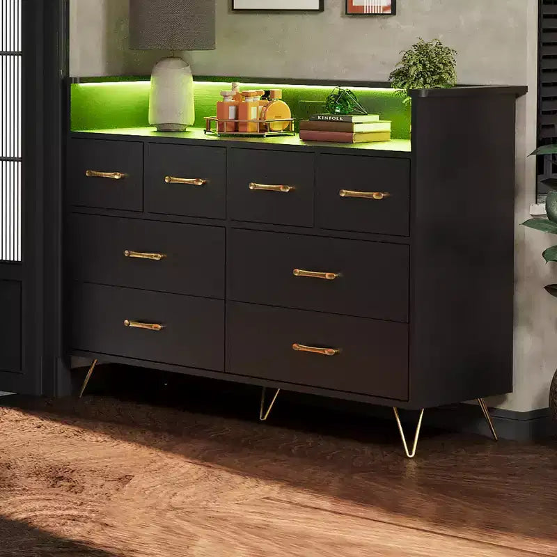 8-Drawer Dresser with Charging Station & RGB Lights | Wide Bedroom Dresser Chest with 3 Outlets + 2 USB Ports, App-Controlled LED Lighting for Gaming