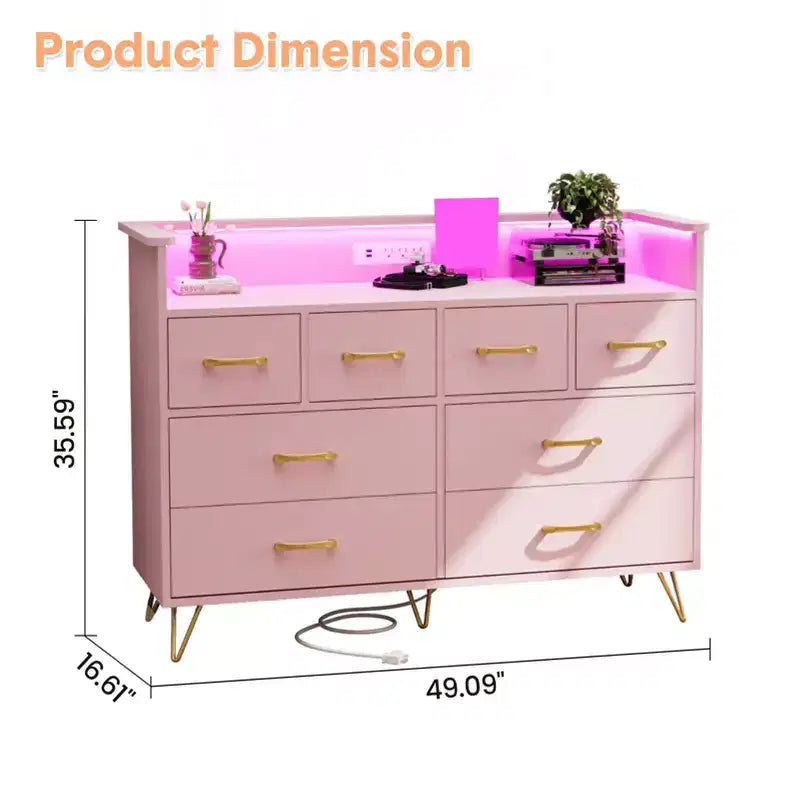 8-Drawer Dresser with Charging Station & RGB Lights | Wide Bedroom Dresser Chest with 3 Outlets + 2 USB Ports, App-Controlled LED Lighting for Gaming