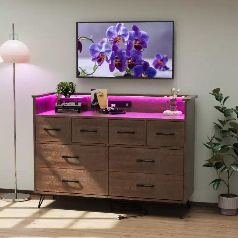 8-Drawer Dresser with Charging Station & RGB Lights | Wide Bedroom Dresser Chest with 3 Outlets + 2 USB Ports, App-Controlled LED Lighting for Gaming