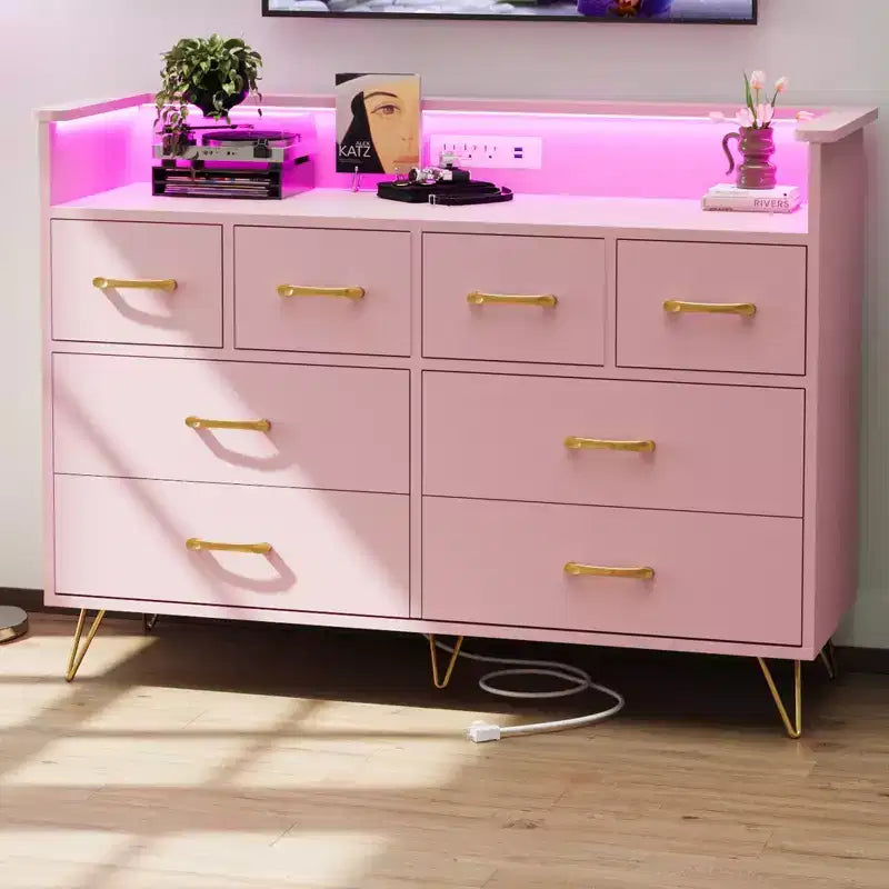 8-Drawer Dresser with Charging Station & RGB Lights | Wide Bedroom Dresser Chest with 3 Outlets + 2 USB Ports, App-Controlled LED Lighting for Gaming