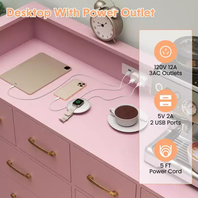 8-Drawer Dresser with Charging Station & RGB Lights | Wide Bedroom Dresser Chest with 3 Outlets + 2 USB Ports, App-Controlled LED Lighting for Gaming