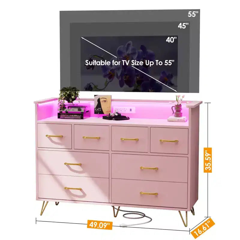 8-Drawer Dresser with Charging Station & RGB Lights | Wide Bedroom Dresser Chest with 3 Outlets + 2 USB Ports, App-Controlled LED Lighting for Gaming
