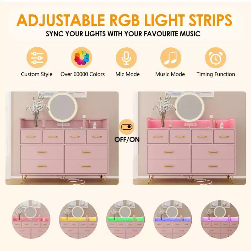 8-Drawer Dresser with Charging Station & RGB Lights | Wide Bedroom Dresser Chest with 3 Outlets + 2 USB Ports, App-Controlled LED Lighting for Gaming