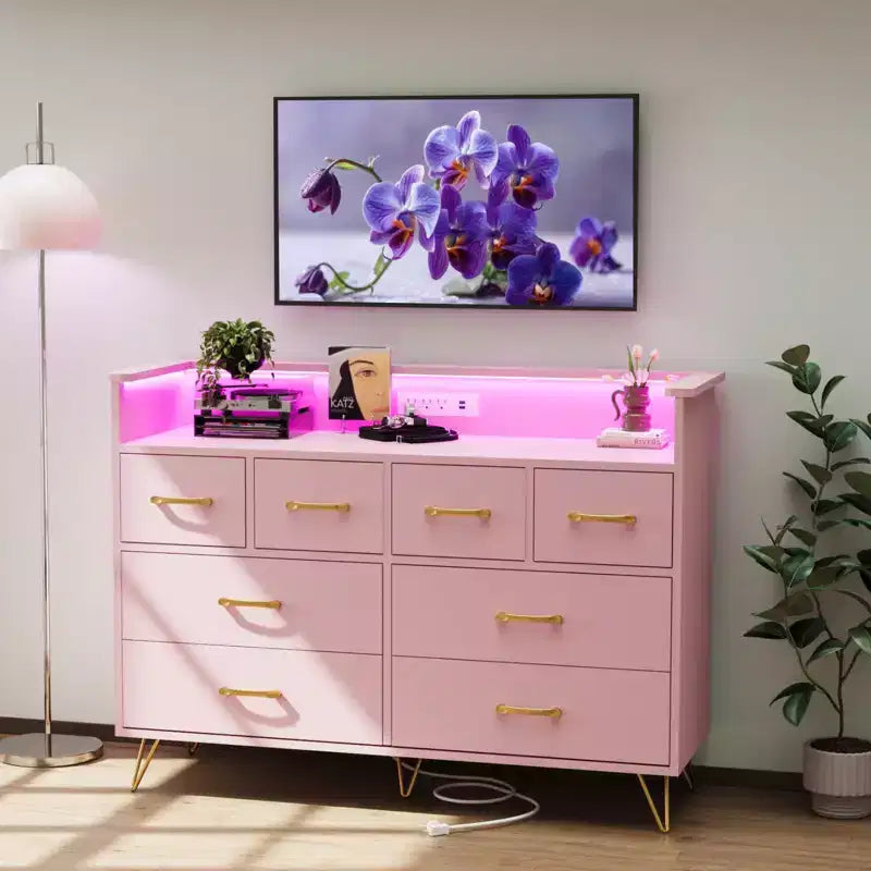 8-Drawer Dresser with Charging Station & RGB Lights | Wide Bedroom Dresser Chest with 3 Outlets + 2 USB Ports, App-Controlled LED Lighting for Gaming
