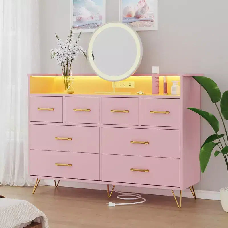 8-Drawer Dresser with Charging Station & RGB Lights | Wide Bedroom Dresser Chest with 3 Outlets + 2 USB Ports, App-Controlled LED Lighting for Gaming