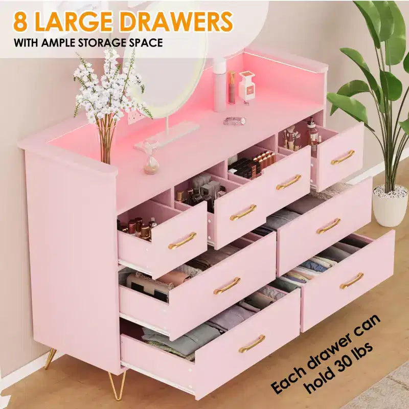 8-Drawer Dresser with Charging Station & RGB Lights | Wide Bedroom Dresser Chest with 3 Outlets + 2 USB Ports, App-Controlled LED Lighting for Gaming