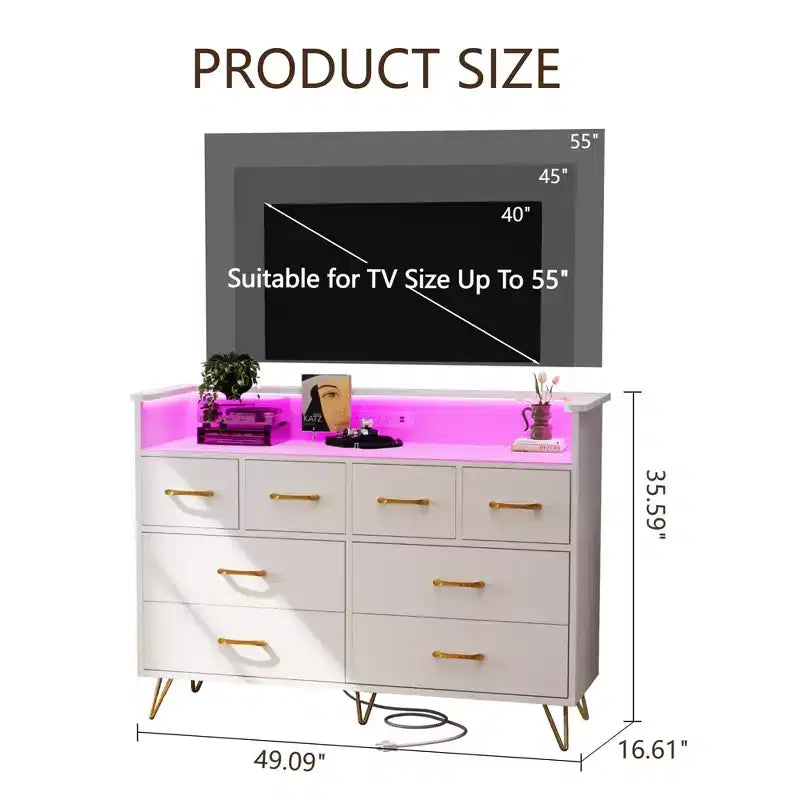 8-Drawer Dresser with Charging Station & RGB Lights | Wide Bedroom Dresser Chest with 3 Outlets + 2 USB Ports, App-Controlled LED Lighting for Gaming