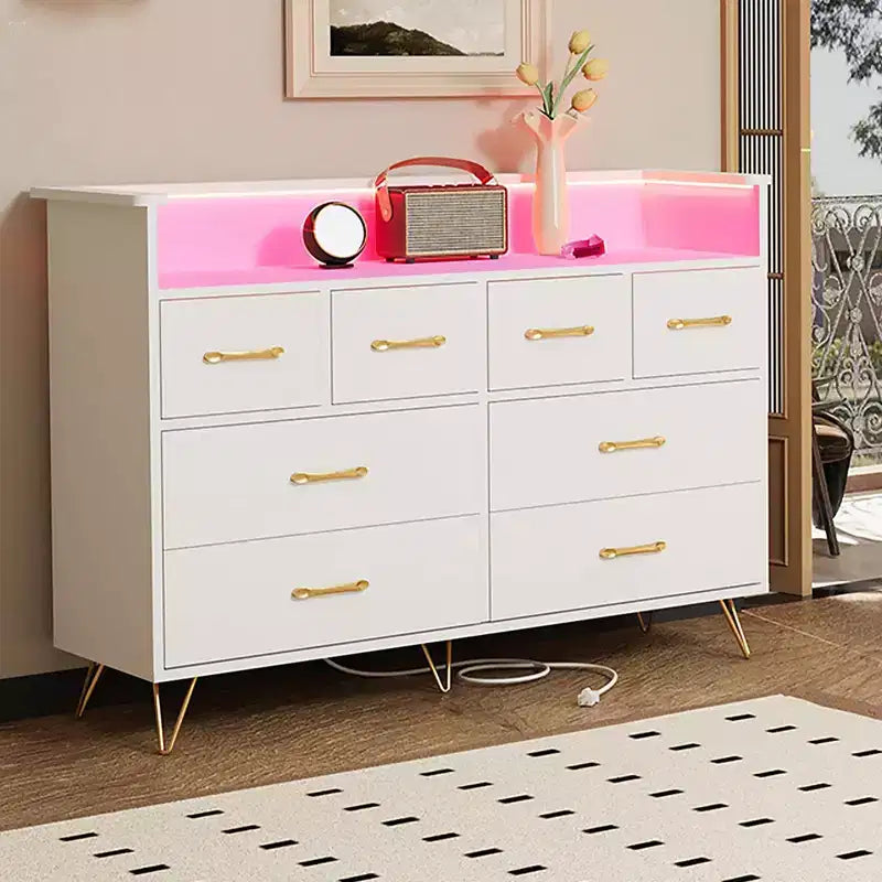 8-Drawer Dresser with Charging Station & RGB Lights | Wide Bedroom Dresser Chest with 3 Outlets + 2 USB Ports, App-Controlled LED Lighting for Gaming