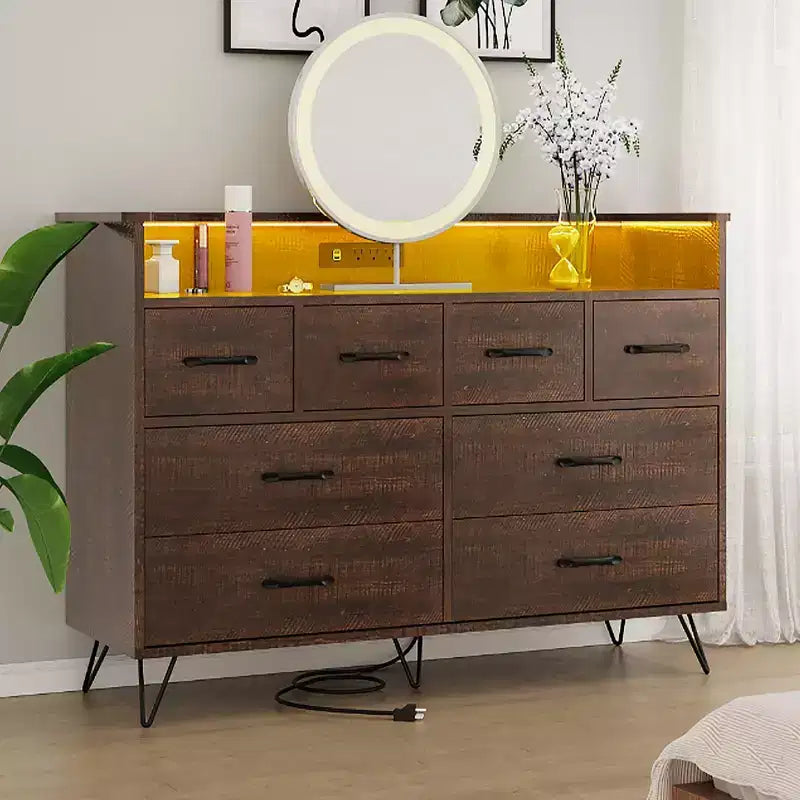 8-Drawer Dresser with Charging Station & RGB Lights | Wide Bedroom Dresser Chest with 3 Outlets + 2 USB Ports, App-Controlled LED Lighting for Gaming