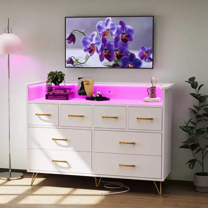 8-Drawer Dresser with Charging Station & RGB Lights | Wide Bedroom Dresser Chest with 3 Outlets + 2 USB Ports, App-Controlled LED Lighting for Gaming