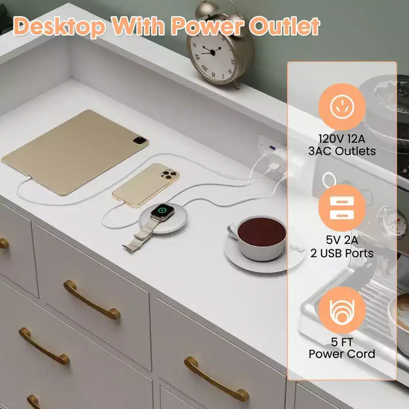 8-Drawer Dresser with Charging Station & RGB Lights | Wide Bedroom Dresser Chest with 3 Outlets + 2 USB Ports, App-Controlled LED Lighting for Gaming