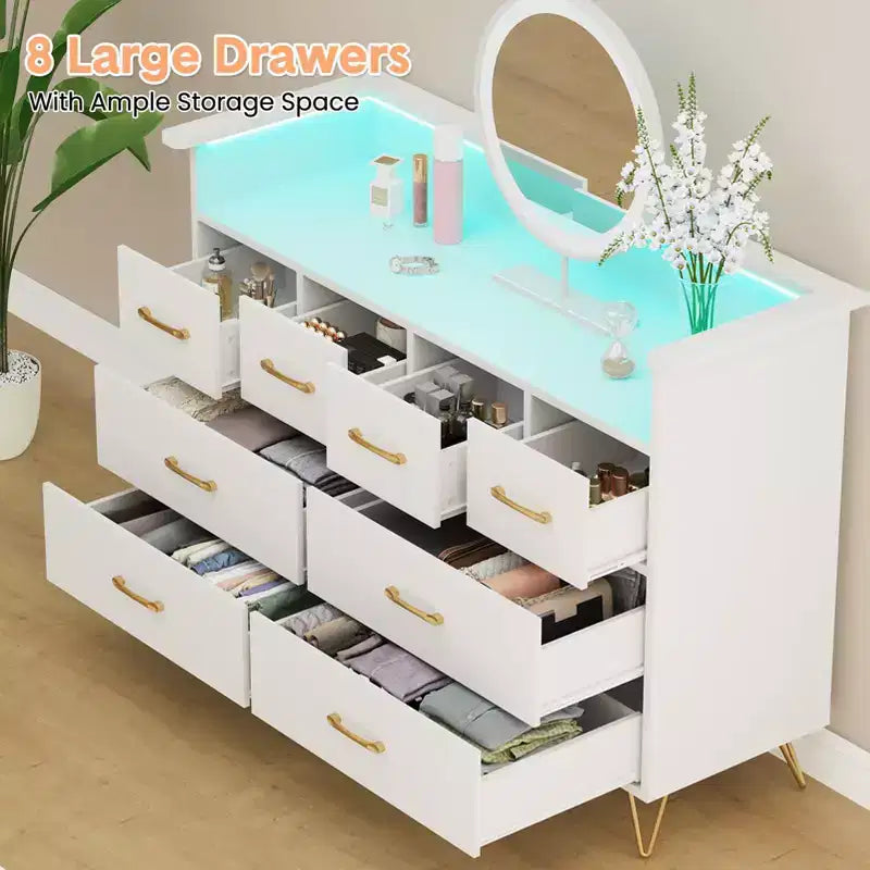 8-Drawer Dresser with Charging Station & RGB Lights | Wide Bedroom Dresser Chest with 3 Outlets + 2 USB Ports, App-Controlled LED Lighting for Gaming