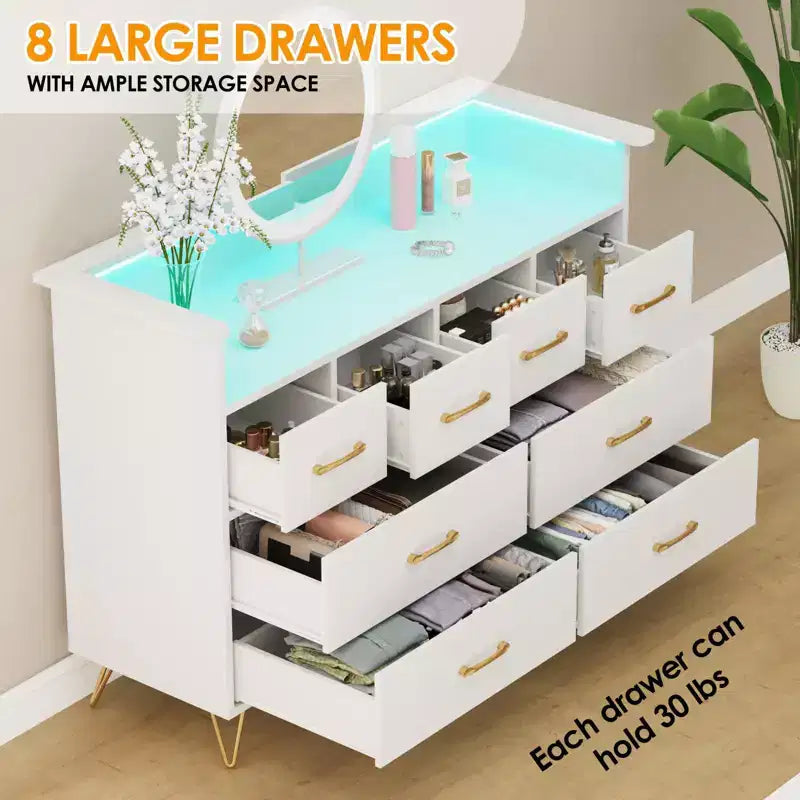 8-Drawer Dresser with Charging Station & RGB Lights | Wide Bedroom Dresser Chest with 3 Outlets + 2 USB Ports, App-Controlled LED Lighting for Gaming