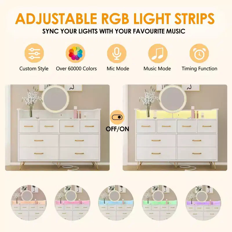 8-Drawer Dresser with Charging Station & RGB Lights | Wide Bedroom Dresser Chest with 3 Outlets + 2 USB Ports, App-Controlled LED Lighting for Gaming