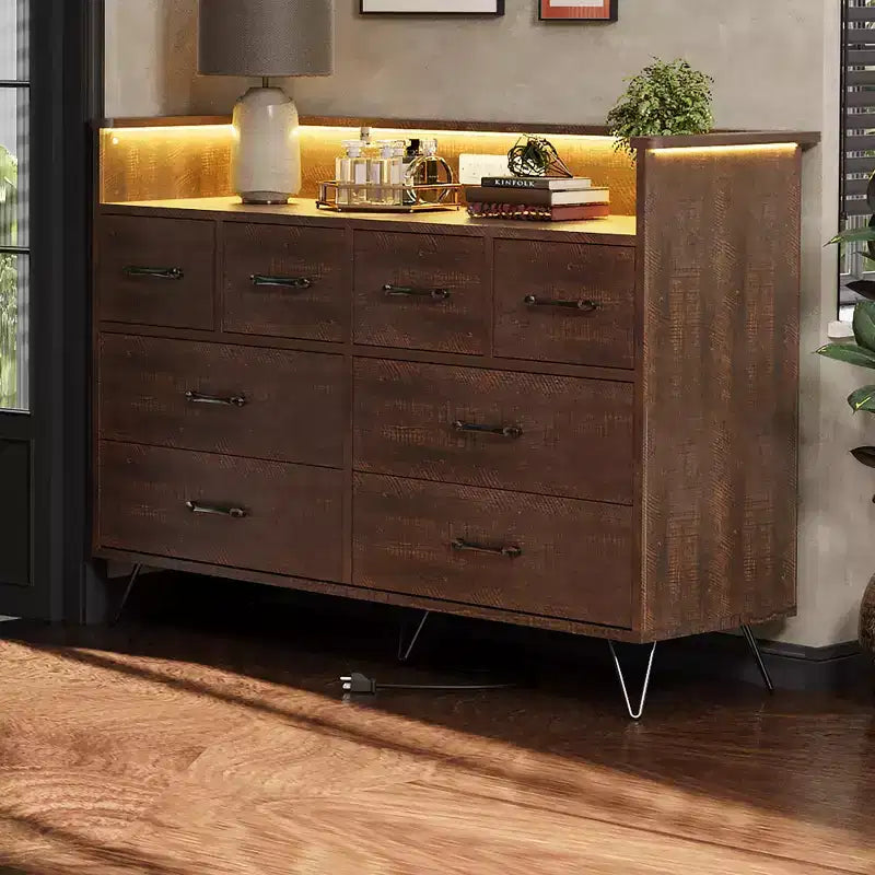 8-Drawer Dresser with Charging Station & RGB Lights | Wide Bedroom Dresser Chest with 3 Outlets + 2 USB Ports, App-Controlled LED Lighting for Gaming