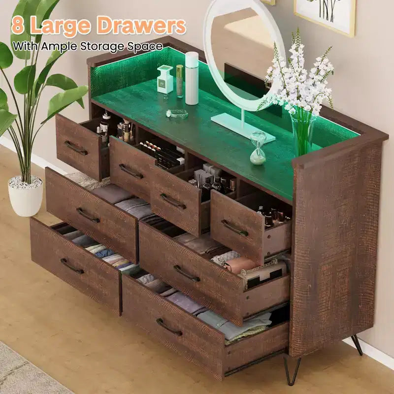 8-Drawer Dresser with Charging Station & RGB Lights | Wide Bedroom Dresser Chest with 3 Outlets + 2 USB Ports, App-Controlled LED Lighting for Gaming