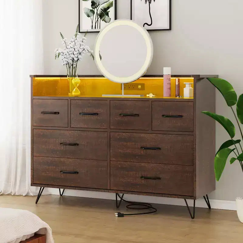 8-Drawer Dresser with Charging Station & RGB Lights | Wide Bedroom Dresser Chest with 3 Outlets + 2 USB Ports, App-Controlled LED Lighting for Gaming